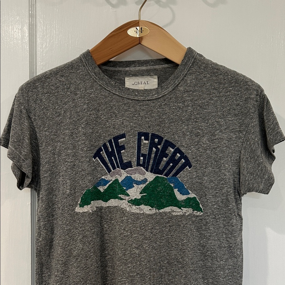 THE GREAT Grey Tee with Navy and Green Mountain Graphic